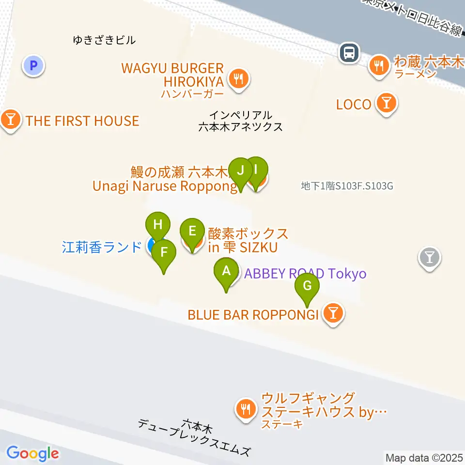 六本木BUZZ周辺のファミレス・ファーストフード一覧地図