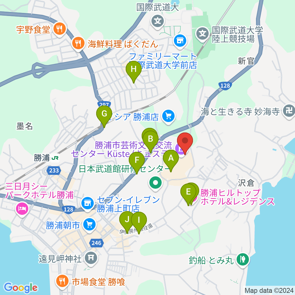 勝浦市芸術文化交流センター キュステ周辺のファミレス・ファーストフード一覧地図