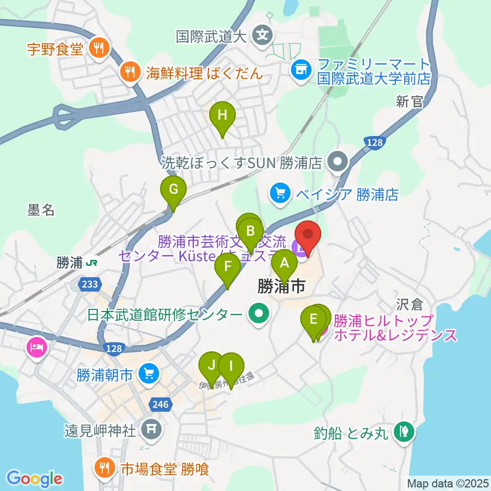 勝浦市芸術文化交流センター キュステ周辺のファミレス・ファーストフード一覧地図