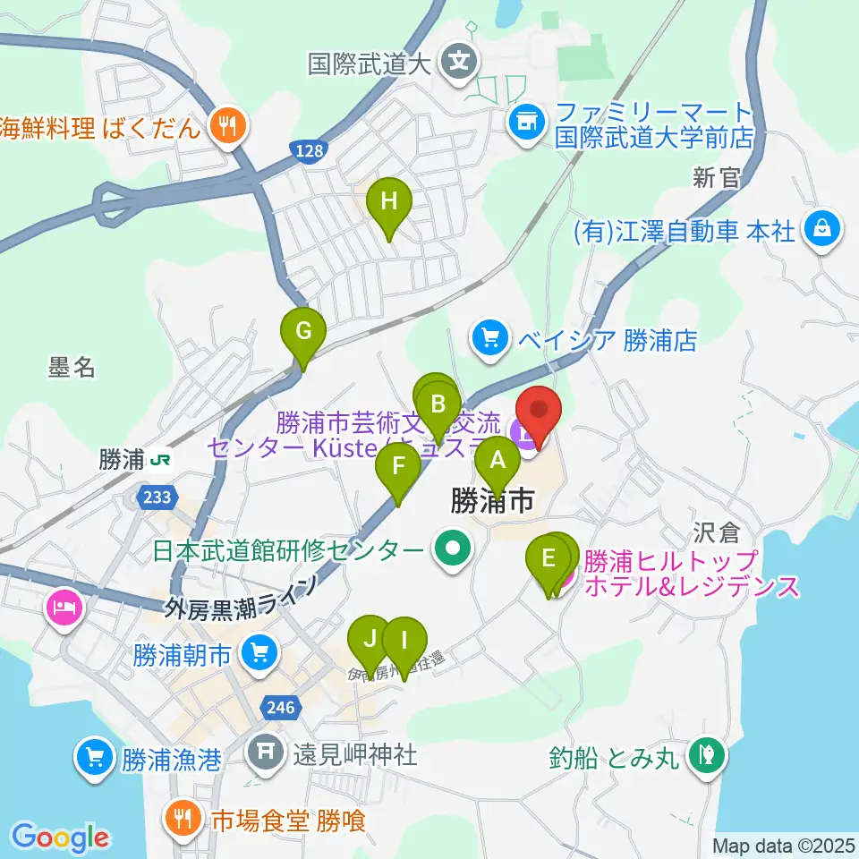 勝浦市芸術文化交流センター キュステ周辺のファミレス・ファーストフード一覧地図