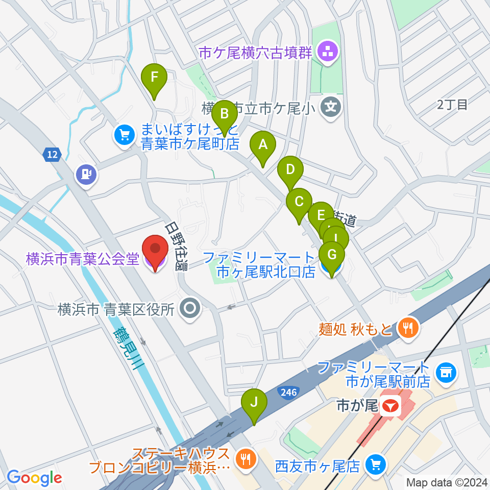 横浜市青葉公会堂周辺のファミレス・ファーストフード一覧地図