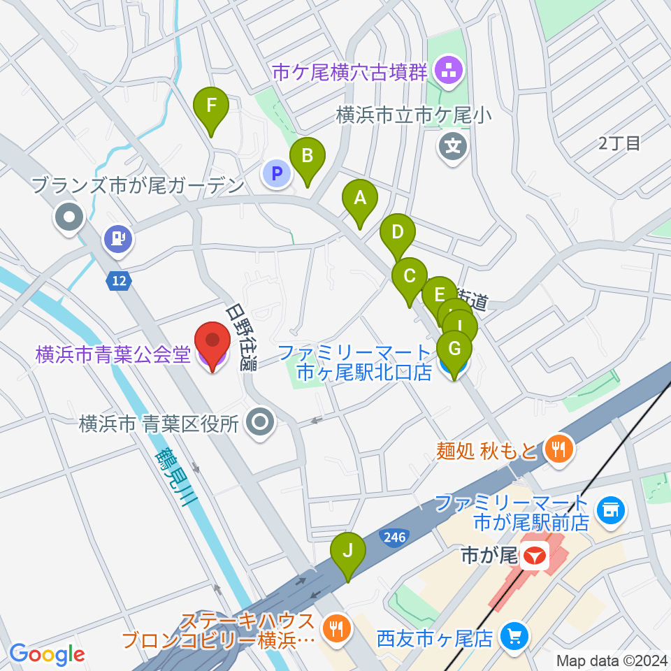 横浜市青葉公会堂周辺のファミレス・ファーストフード一覧地図