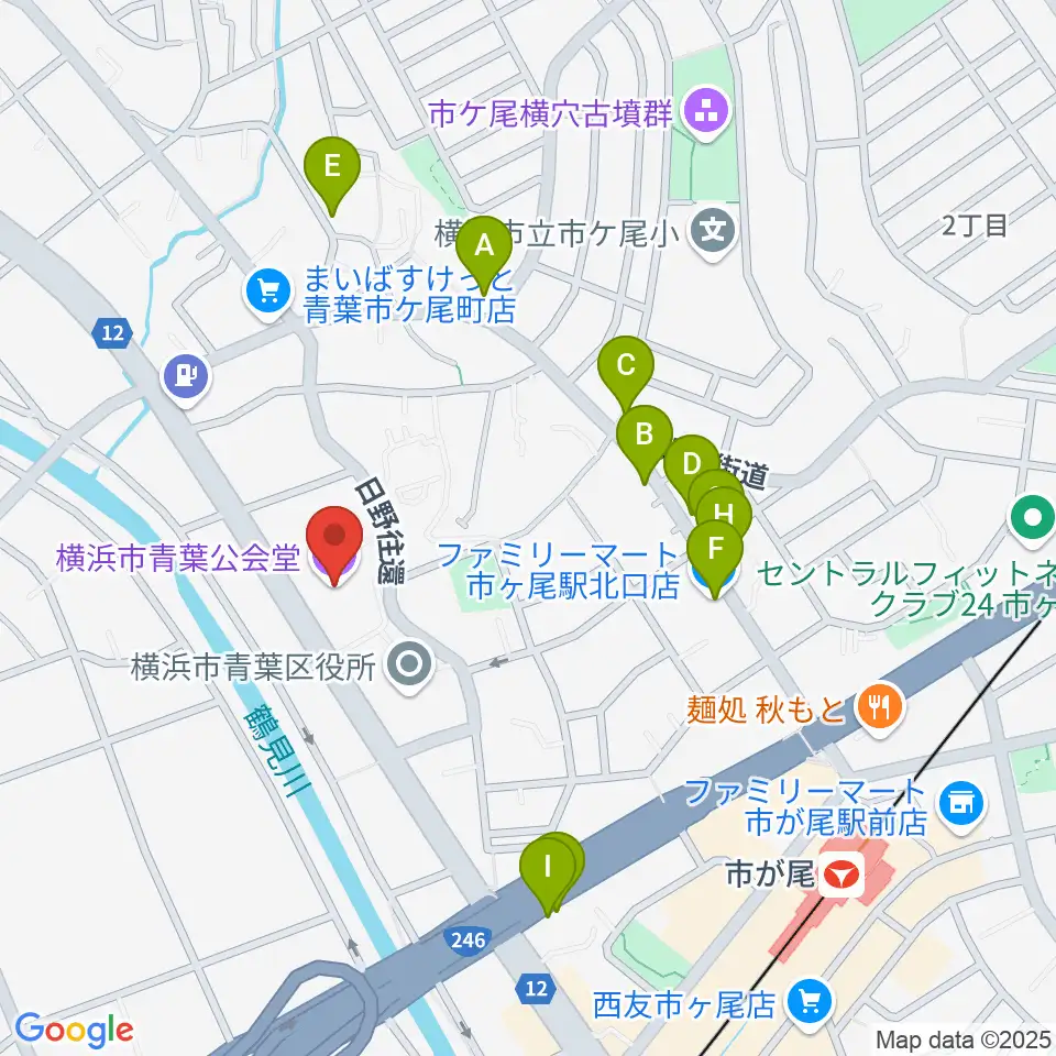 横浜市青葉公会堂周辺のファミレス・ファーストフード一覧地図