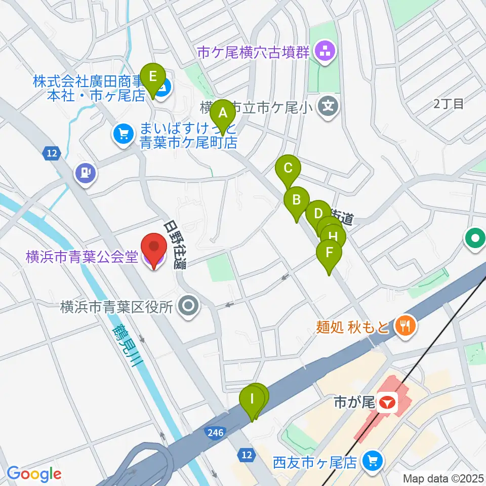 横浜市青葉公会堂周辺のファミレス・ファーストフード一覧地図
