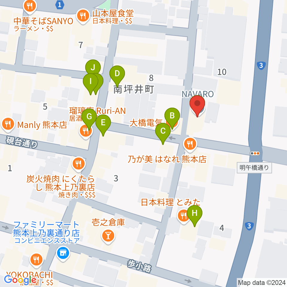 熊本NAVARO周辺のファミレス・ファーストフード一覧地図