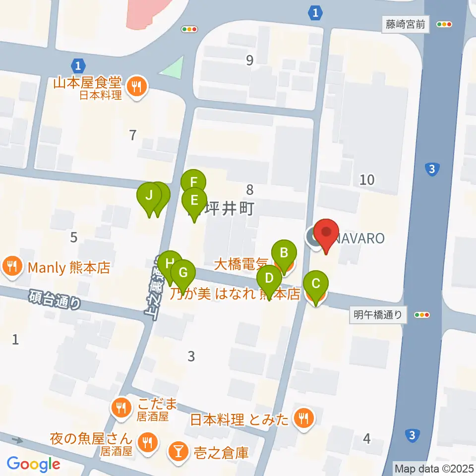 熊本NAVARO周辺のファミレス・ファーストフード一覧地図