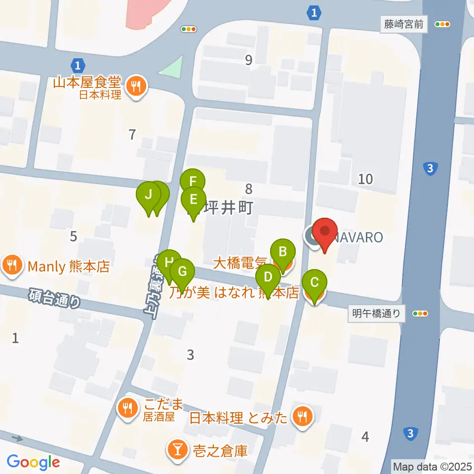 熊本NAVARO周辺のファミレス・ファーストフード一覧地図