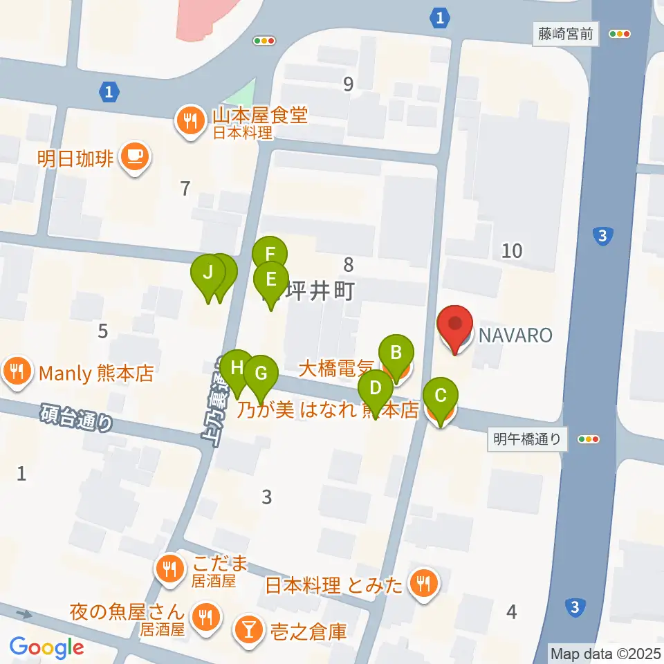 熊本NAVARO周辺のファミレス・ファーストフード一覧地図