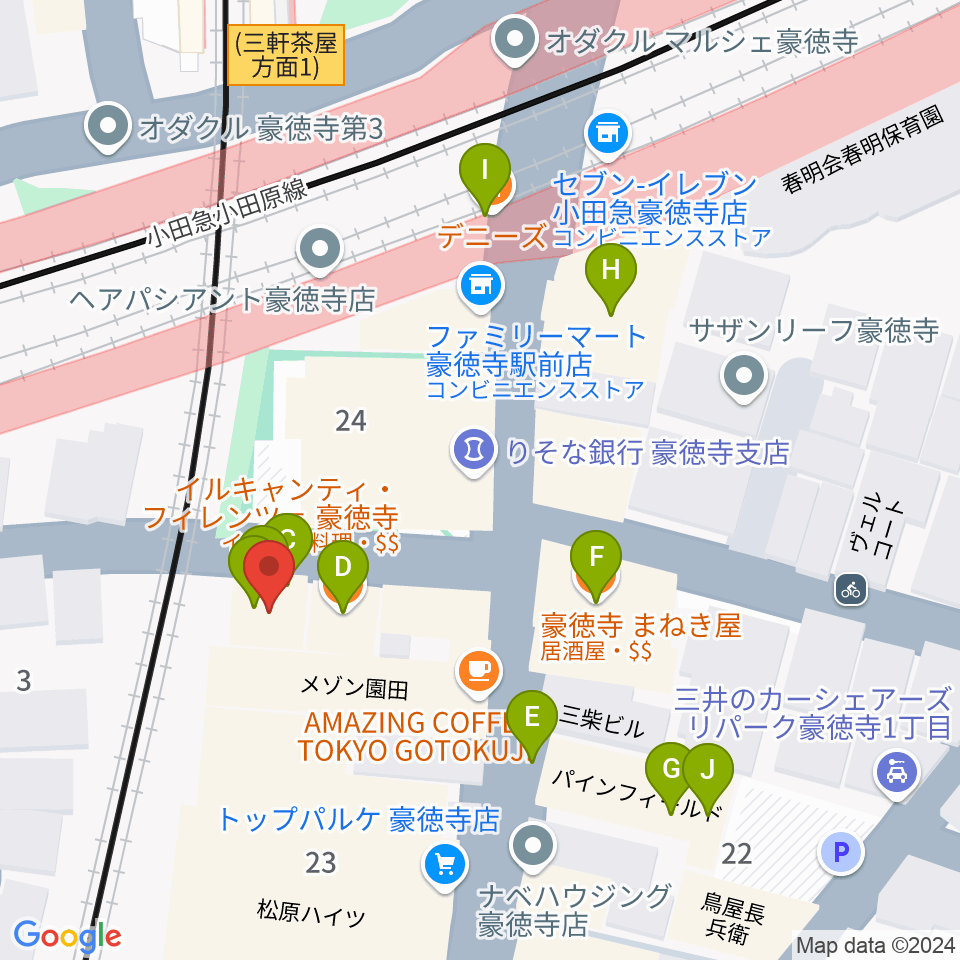 Leaf room 豪徳寺周辺のファミレス・ファーストフード一覧地図