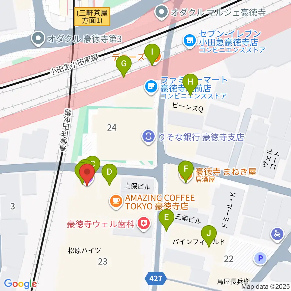 Leaf room 豪徳寺周辺のファミレス・ファーストフード一覧地図