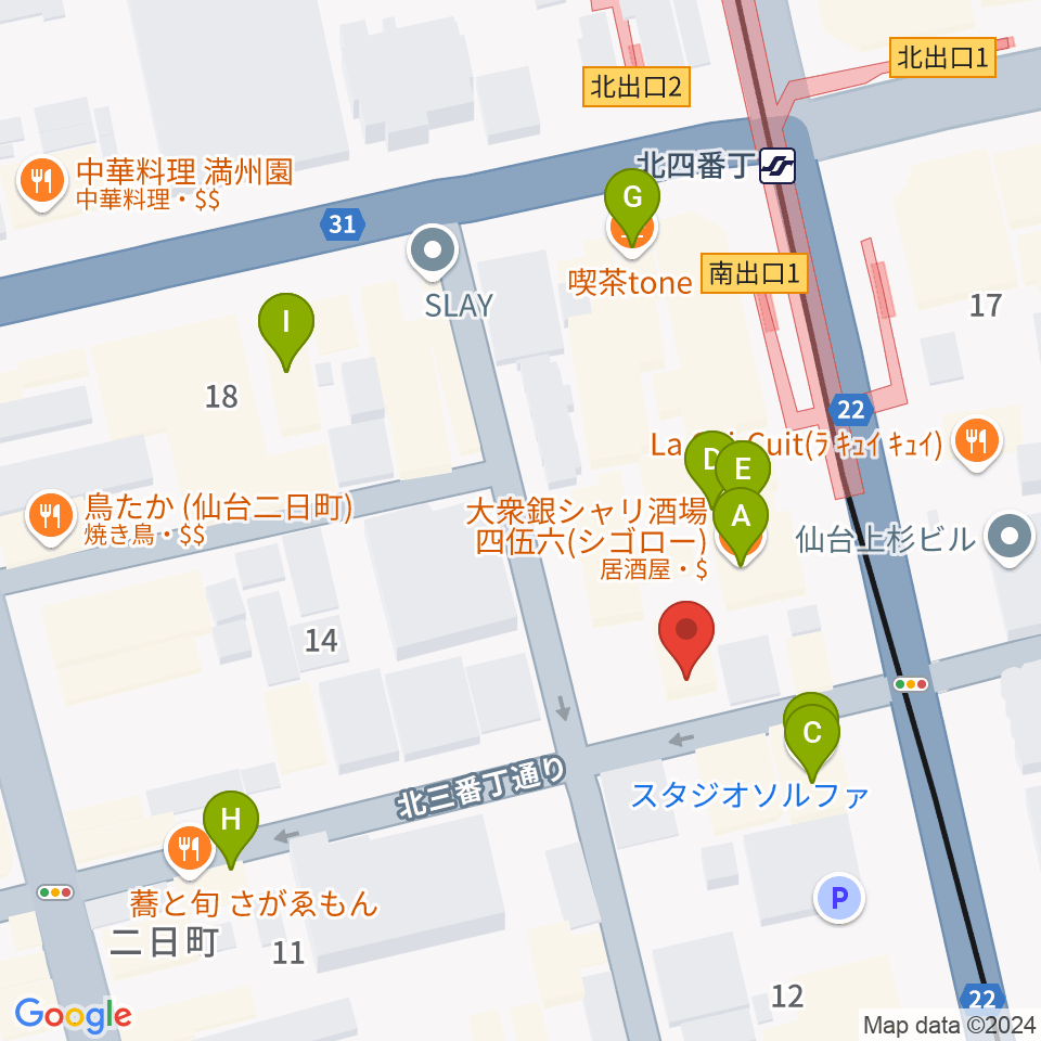 松尾弦楽器 仙台店周辺のファミレス・ファーストフード一覧地図