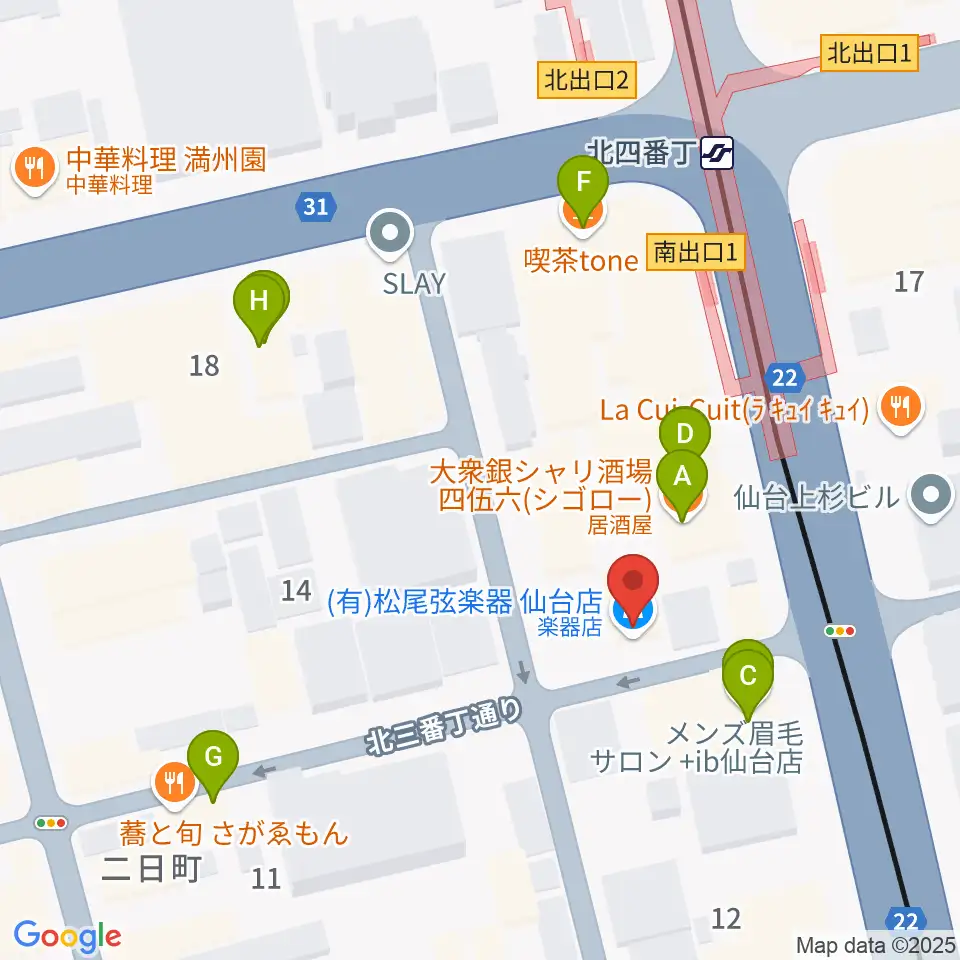 松尾弦楽器 仙台店周辺のファミレス・ファーストフード一覧地図
