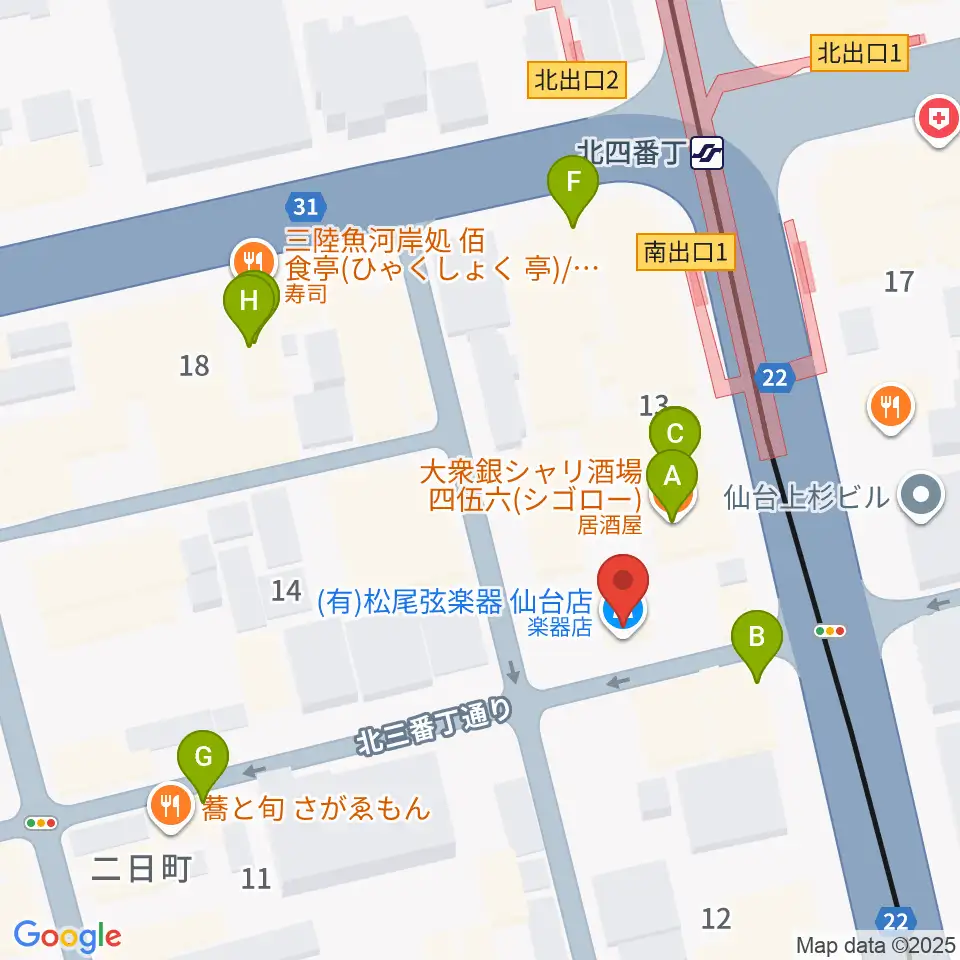松尾弦楽器 仙台店周辺のファミレス・ファーストフード一覧地図