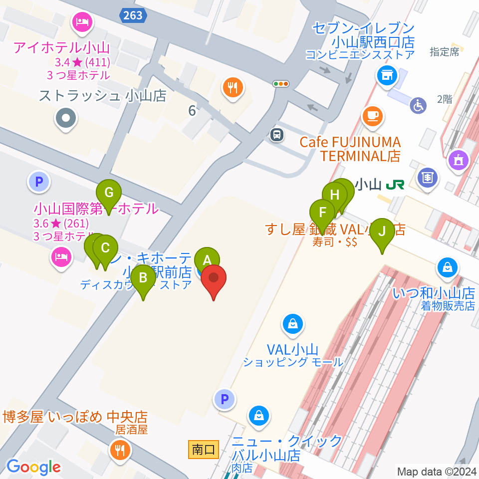 小山市立生涯学習センター周辺のファミレス・ファーストフード一覧地図