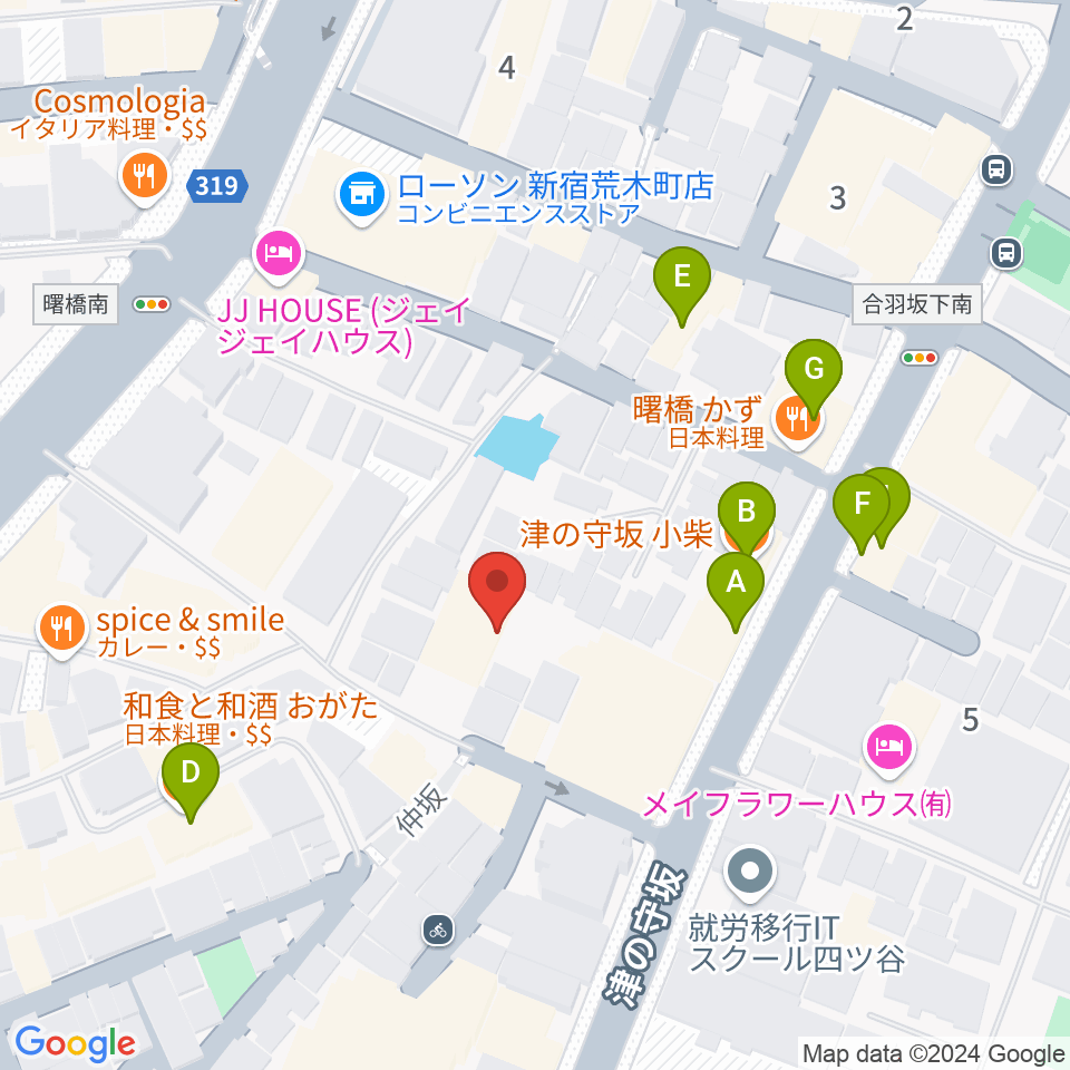 四谷ボビーズ周辺のファミレス・ファーストフード一覧地図