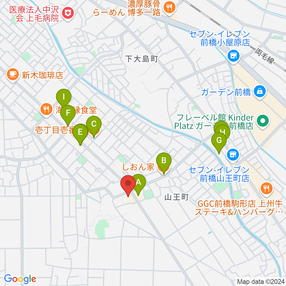 山王ホール・TMスタジオ周辺のファミレス・ファーストフード一覧地図