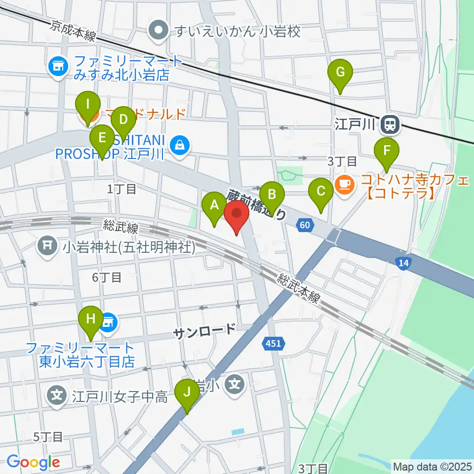 小岩アーバンプラザ周辺のファミレス・ファーストフード一覧地図