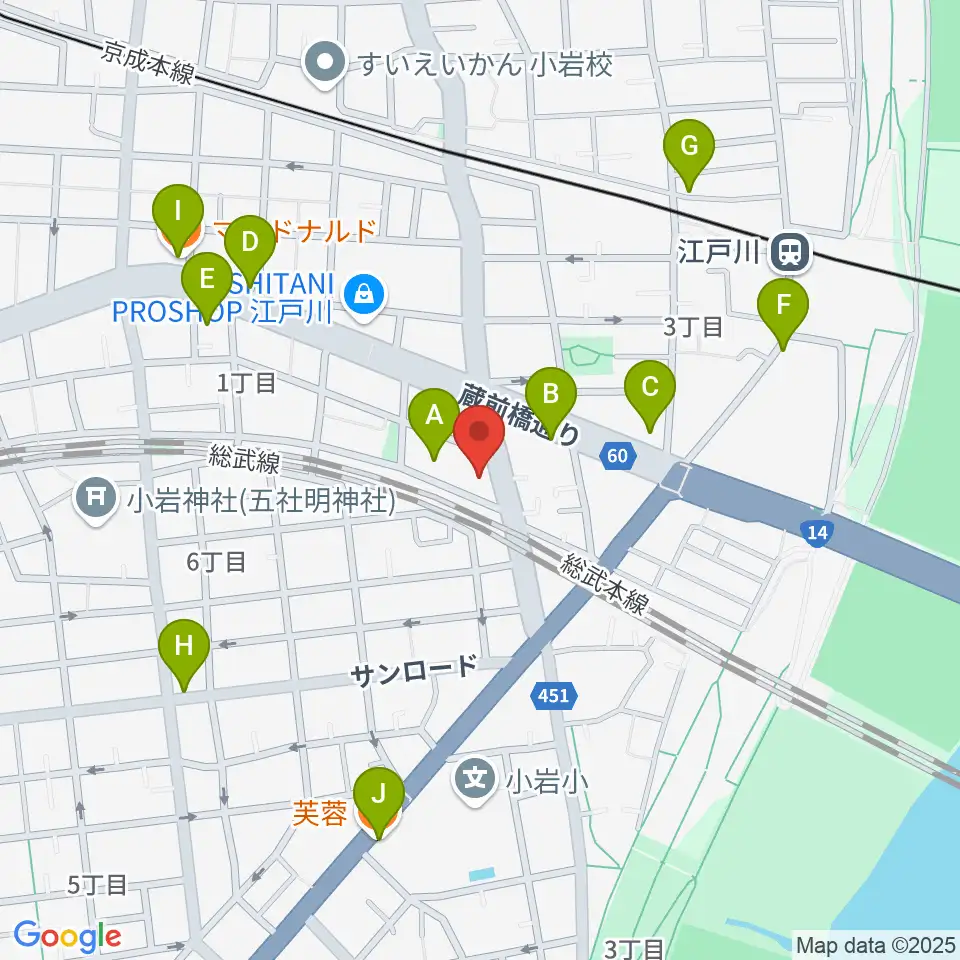 小岩アーバンプラザ周辺のファミレス・ファーストフード一覧地図