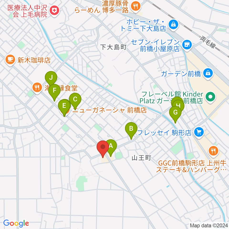 山王ホール周辺のファミレス・ファーストフード一覧地図