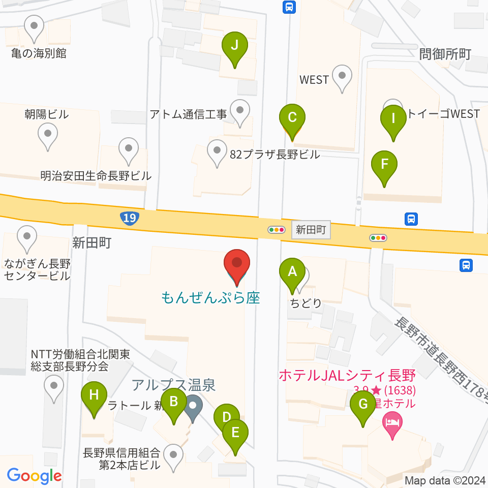 もんぜんぷら座周辺のファミレス・ファーストフード一覧地図