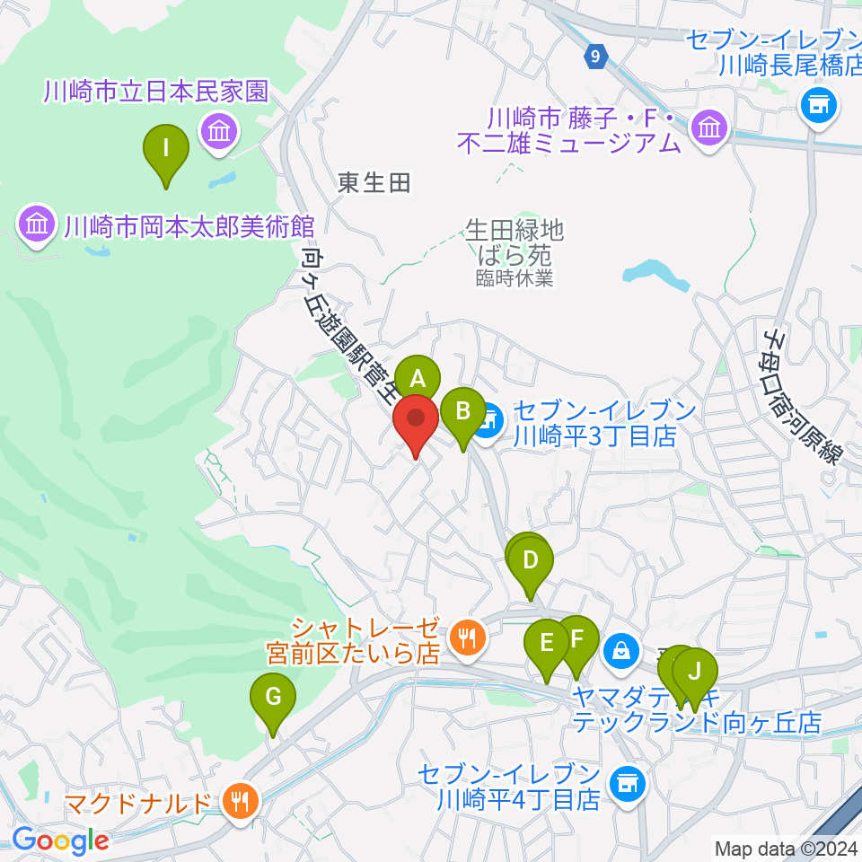 福田弦楽弓製作所周辺のファミレス・ファーストフード一覧地図