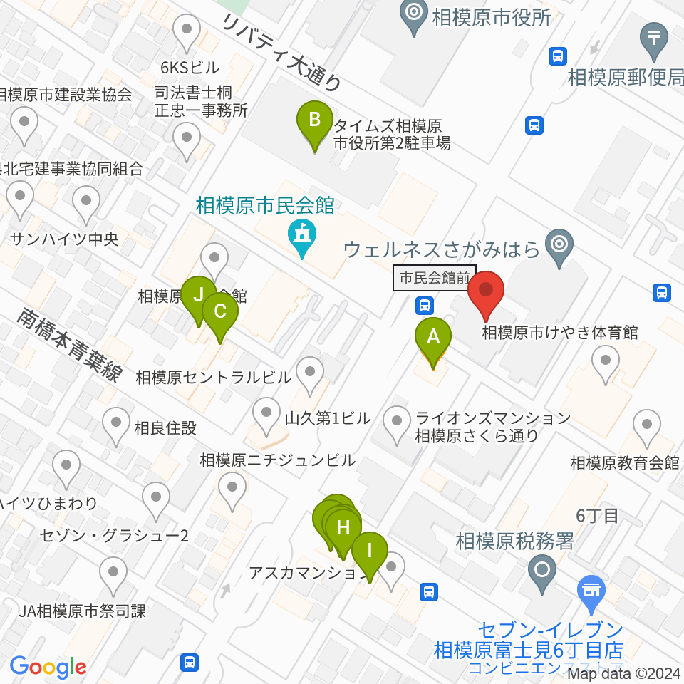 相模原市立あじさい会館周辺のファミレス・ファーストフード一覧地図