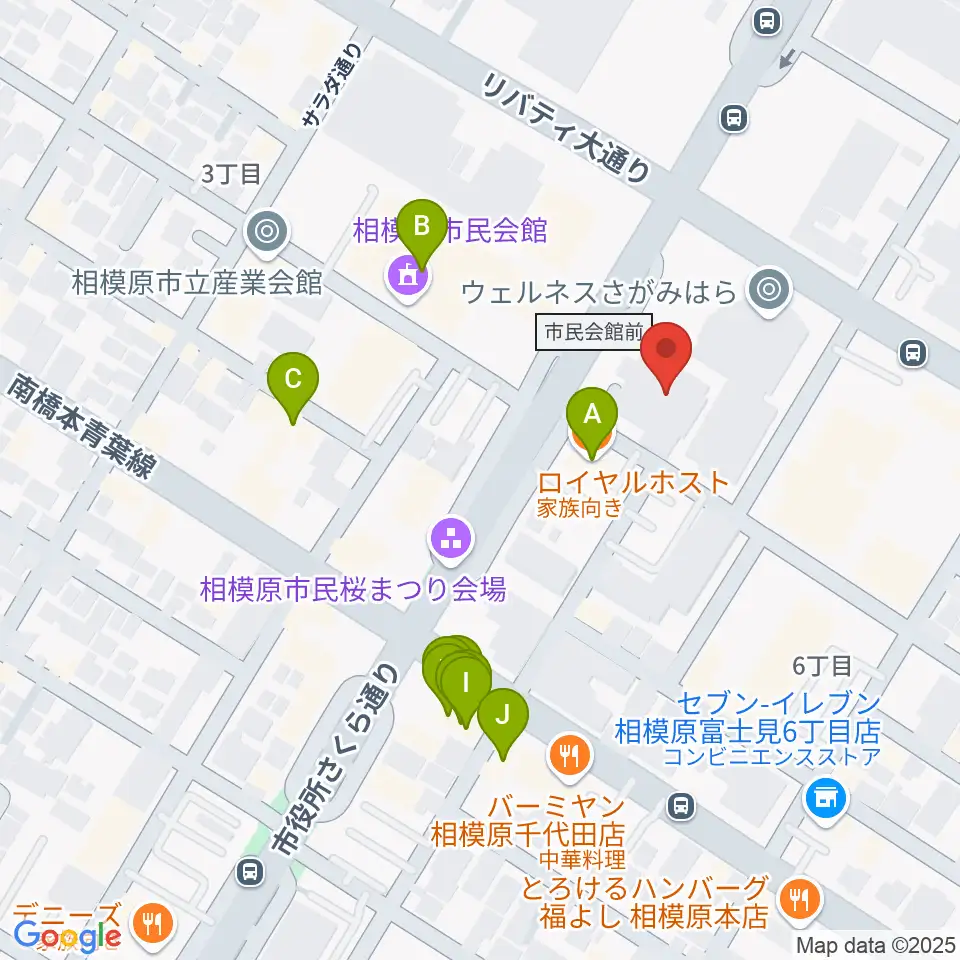 相模原市立あじさい会館周辺のファミレス・ファーストフード一覧地図