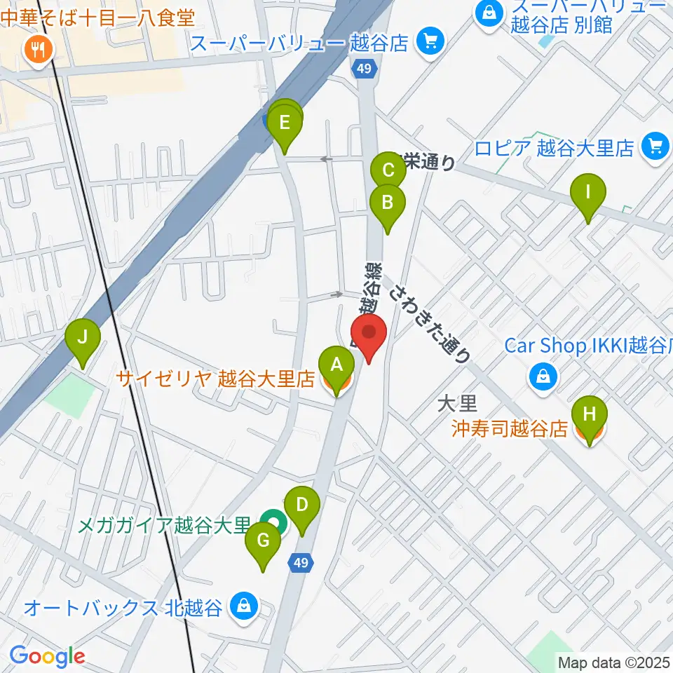 ハイヴ越谷ピアノ教室周辺のファミレス・ファーストフード一覧地図
