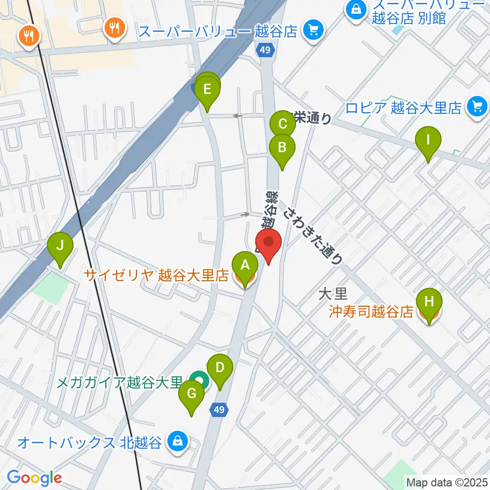 ハイヴ越谷ピアノ教室周辺のファミレス・ファーストフード一覧地図