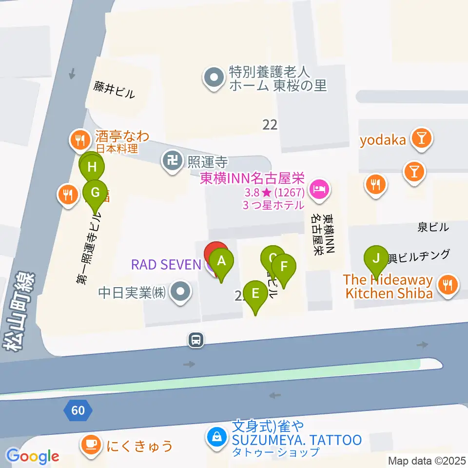 新栄RAD SEVEN周辺のファミレス・ファーストフード一覧地図