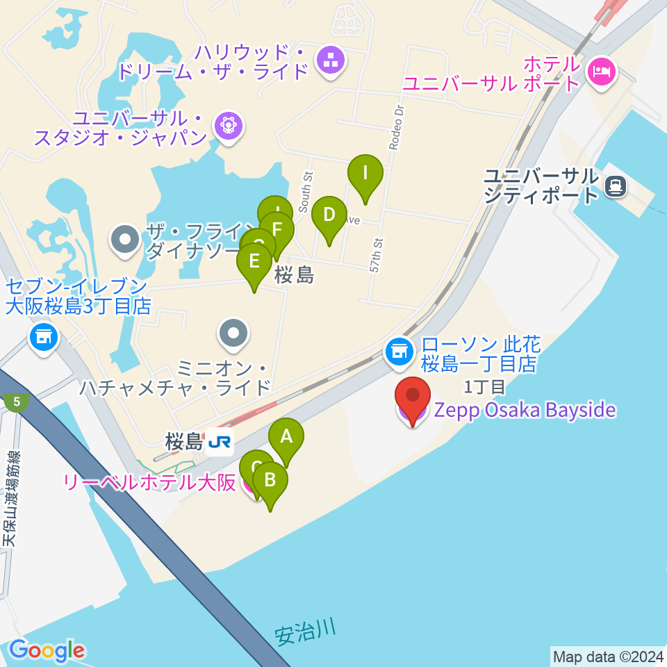 Zepp大阪ベイサイド周辺のファミレス・ファーストフード一覧地図