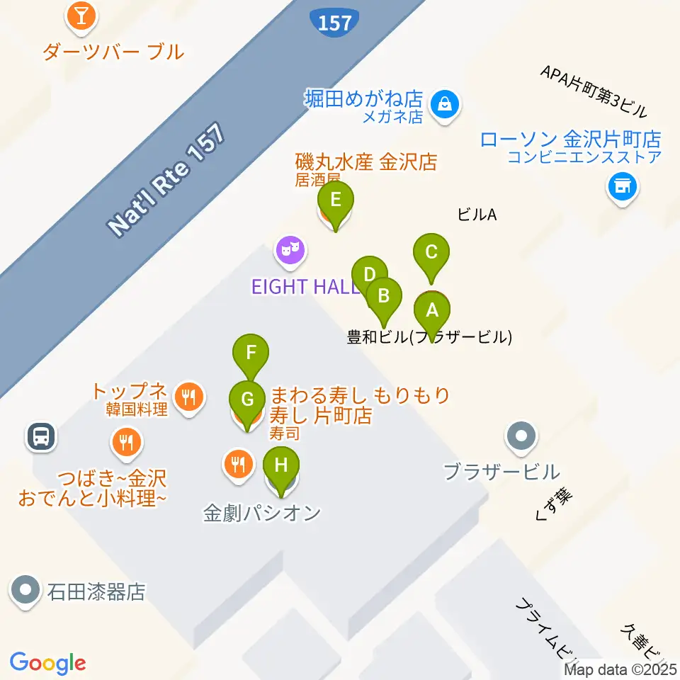 金沢エイトホール周辺のファミレス・ファーストフード一覧地図