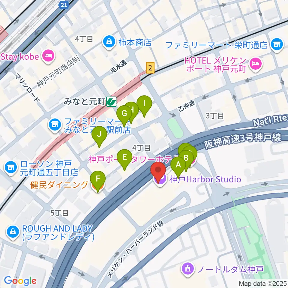 神戸ハーバースタジオ周辺のファミレス・ファーストフード一覧地図