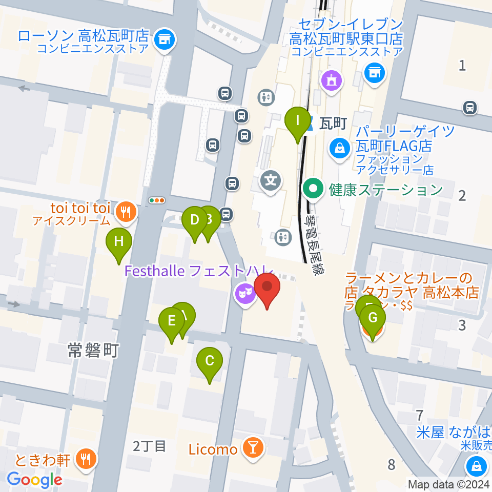 高松フェストハレ周辺のファミレス・ファーストフード一覧地図