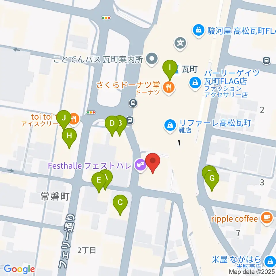 高松フェストハレ周辺のファミレス・ファーストフード一覧地図