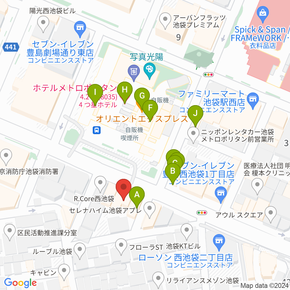 池袋Hoteyes周辺のファミレス・ファーストフード一覧地図