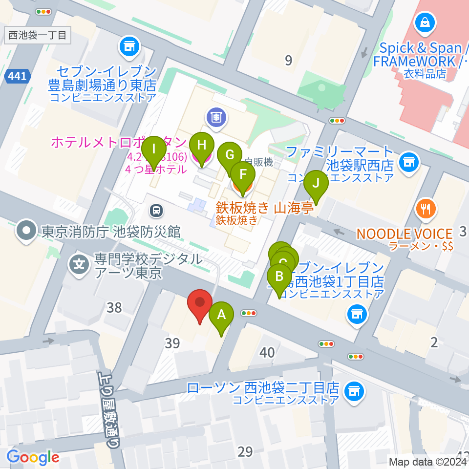 池袋Hoteyes周辺のファミレス・ファーストフード一覧地図