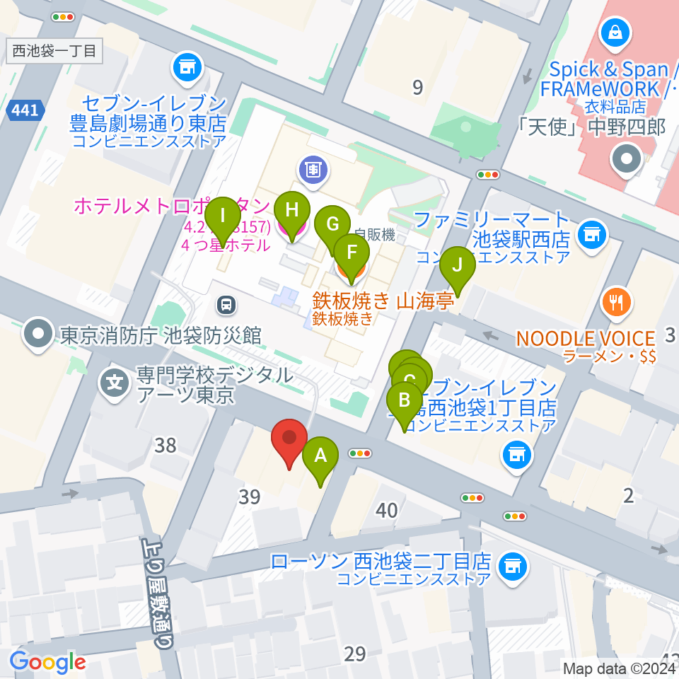 池袋Hoteyes周辺のファミレス・ファーストフード一覧地図