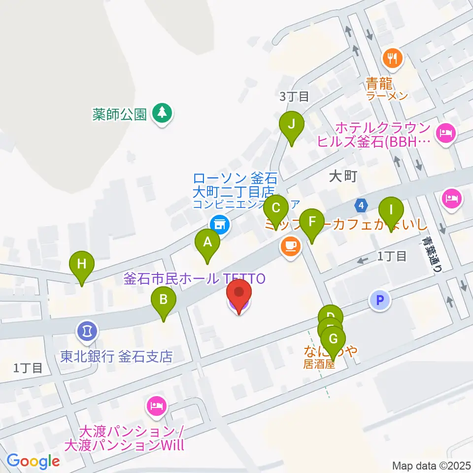 釜石市民ホールTETTO周辺のファミレス・ファーストフード一覧地図