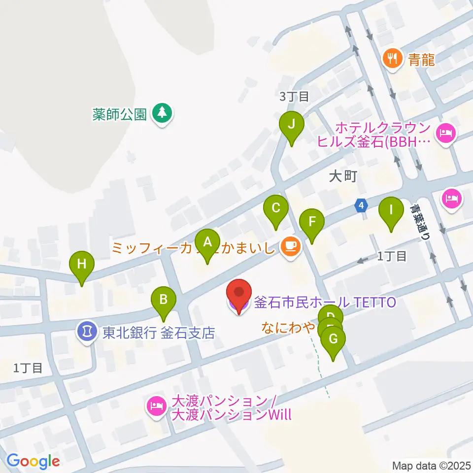 釜石市民ホールTETTO周辺のファミレス・ファーストフード一覧地図