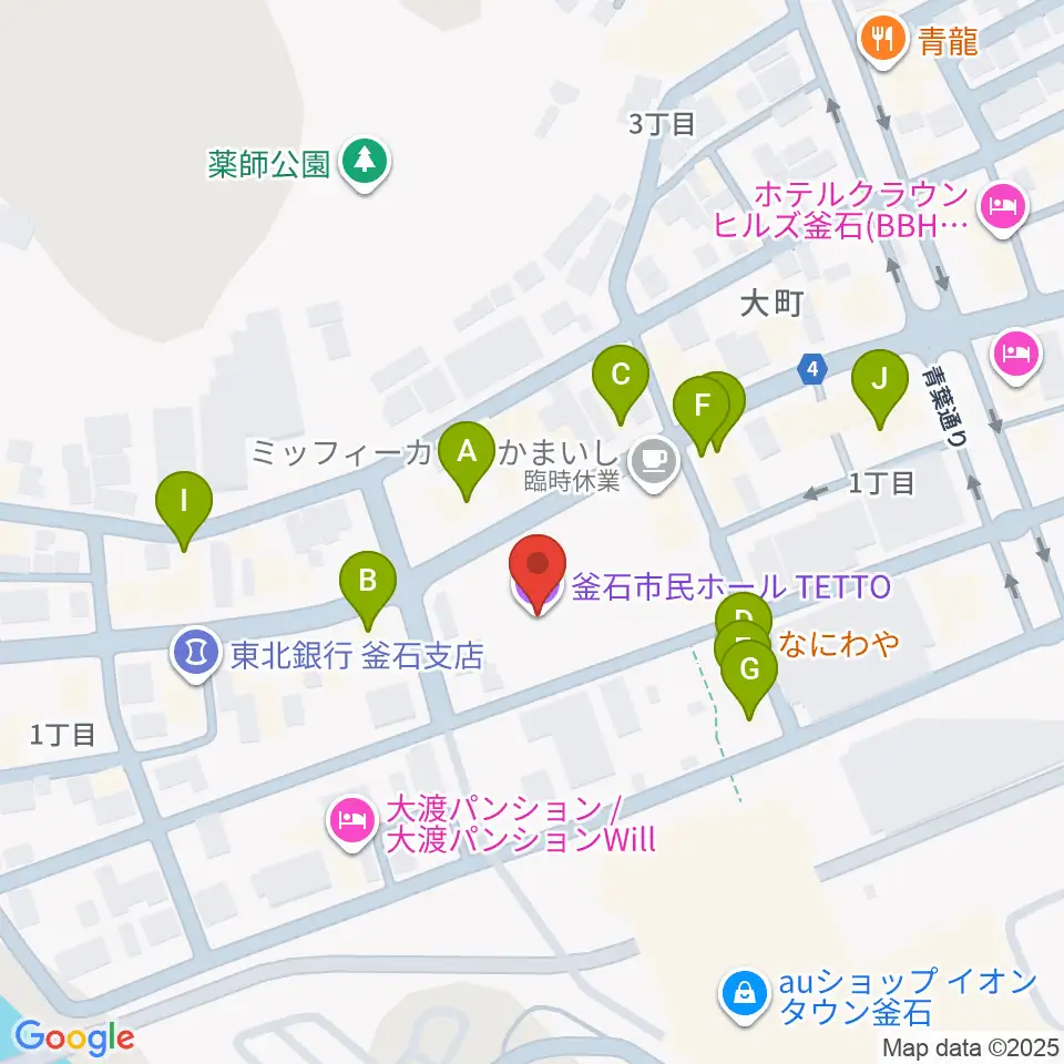 釜石市民ホールTETTO周辺のファミレス・ファーストフード一覧地図