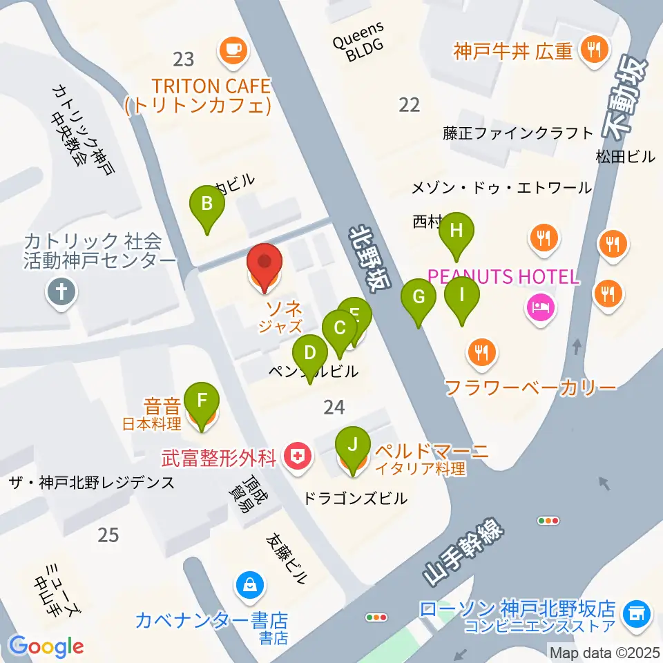 神戸SONE周辺のファミレス・ファーストフード一覧地図