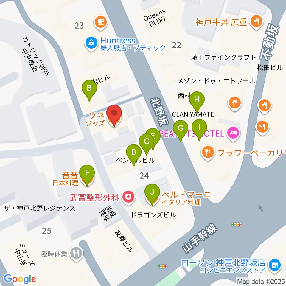 神戸SONE周辺のファミレス・ファーストフード一覧地図