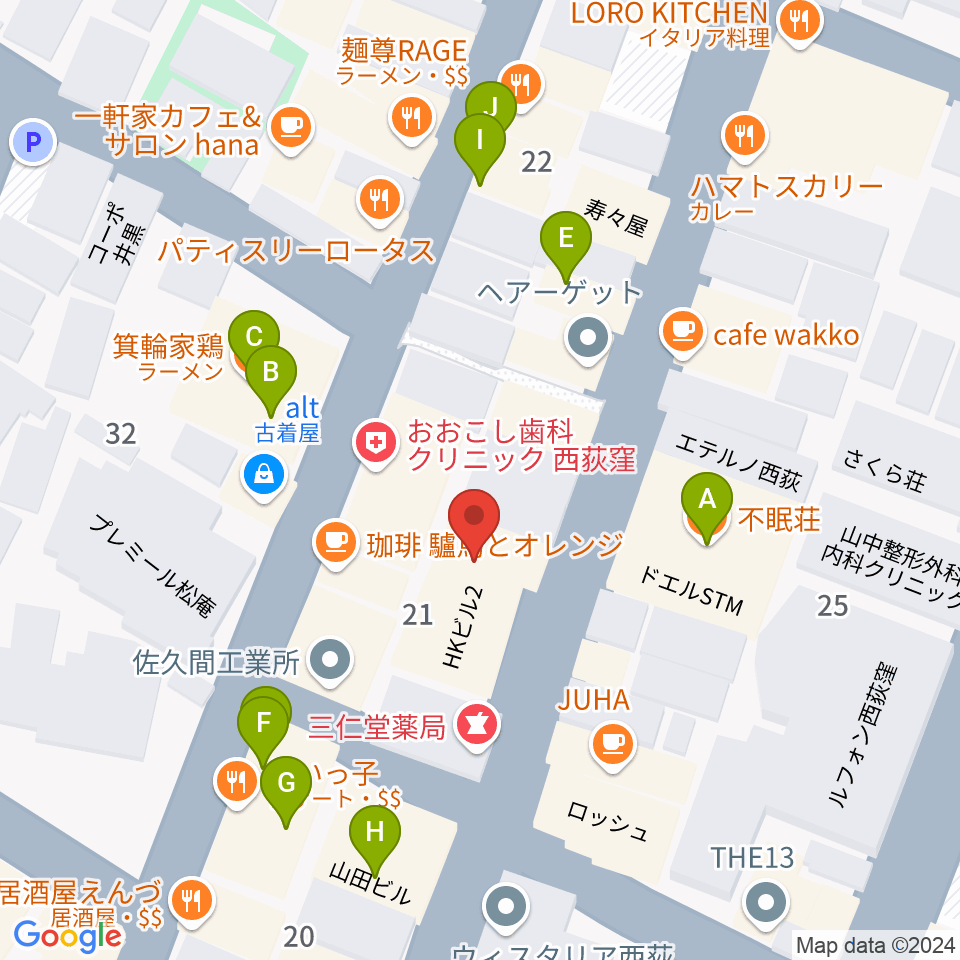 西荻窪ミントンハウス周辺のファミレス・ファーストフード一覧地図