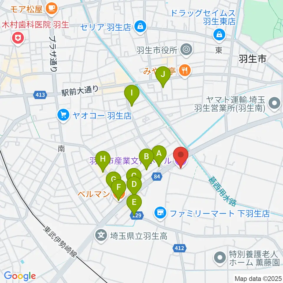 羽生市産業文化ホール周辺のファミレス・ファーストフード一覧地図