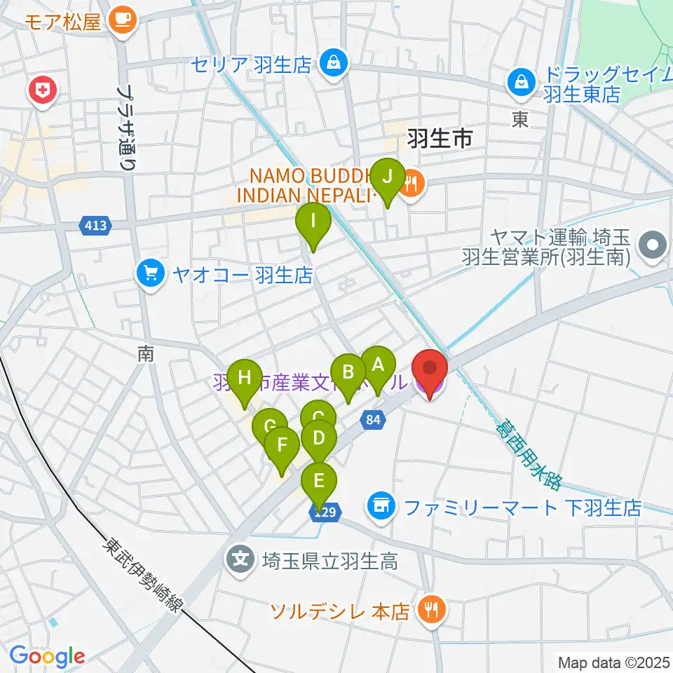 羽生市産業文化ホール周辺のファミレス・ファーストフード一覧地図