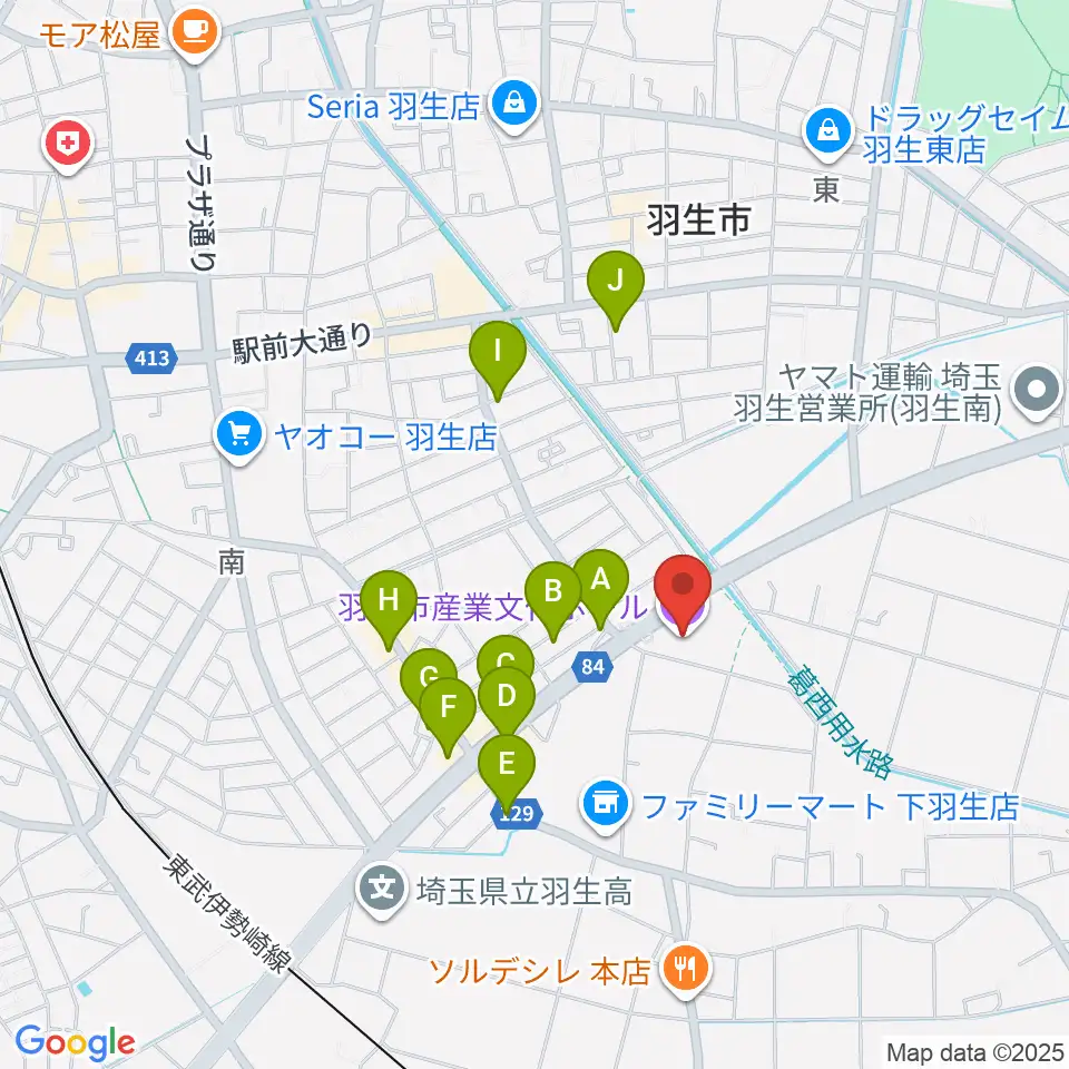 羽生市産業文化ホール周辺のファミレス・ファーストフード一覧地図