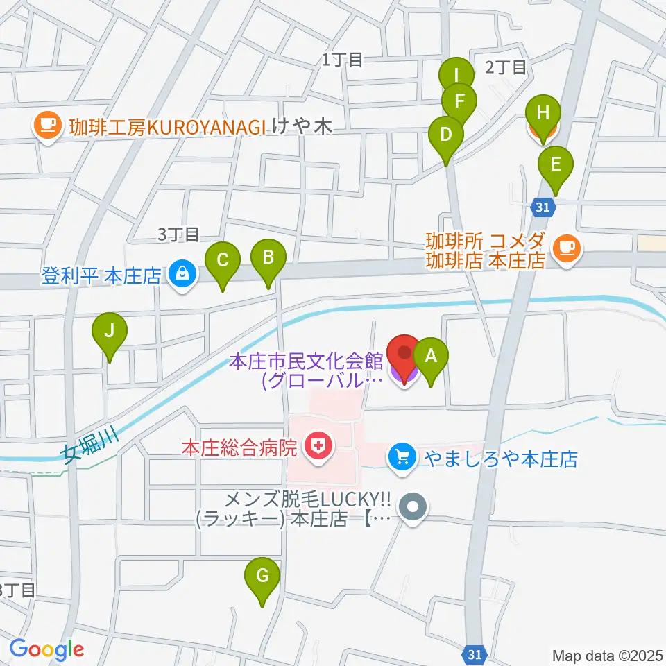 本庄市民文化会館周辺のファミレス・ファーストフード一覧地図
