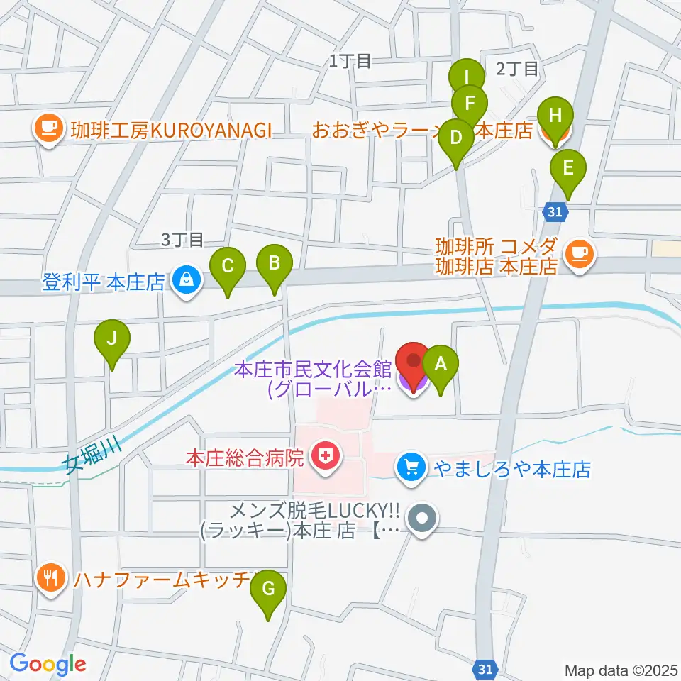 本庄市民文化会館周辺のファミレス・ファーストフード一覧地図