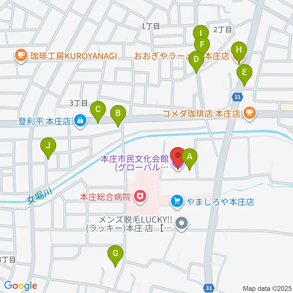 本庄市民文化会館周辺のファミレス・ファーストフード一覧地図
